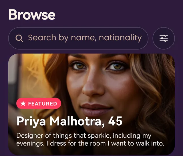 The Browse screen of the MaiFriends app: search by name or nationality, and the featured character card