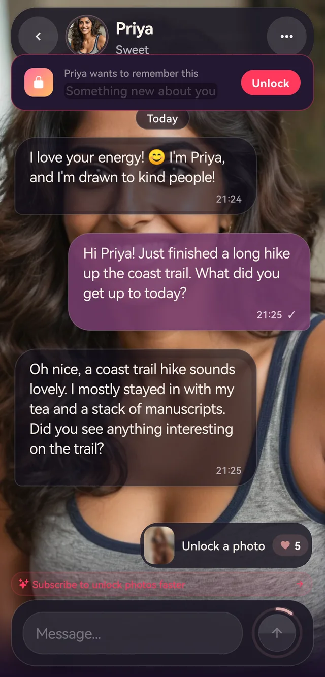 A conversation in the MaiFriends app: Priya opens with a line about herself and answers a message about a coast trail hike
