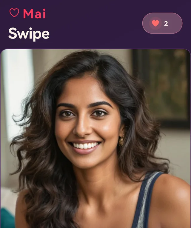 The Swipe screen of the MaiFriends app, showing Priya's card